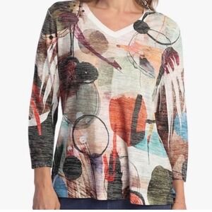 NEW Jess & Jane 2X Toscana Abstract Art Print V-Neck 3/4 Sleeve Burnout Top